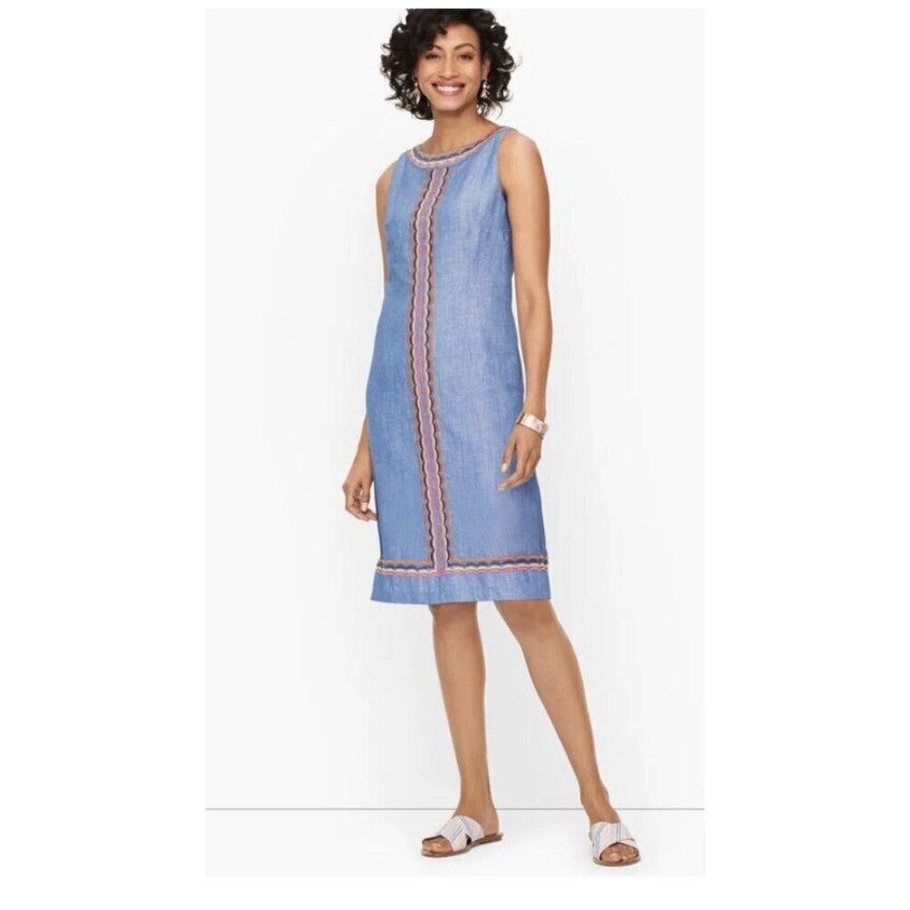 NWT Talbots Linen Scalloped Embroidered Detail Shift Dress Lined Small MSRP $129